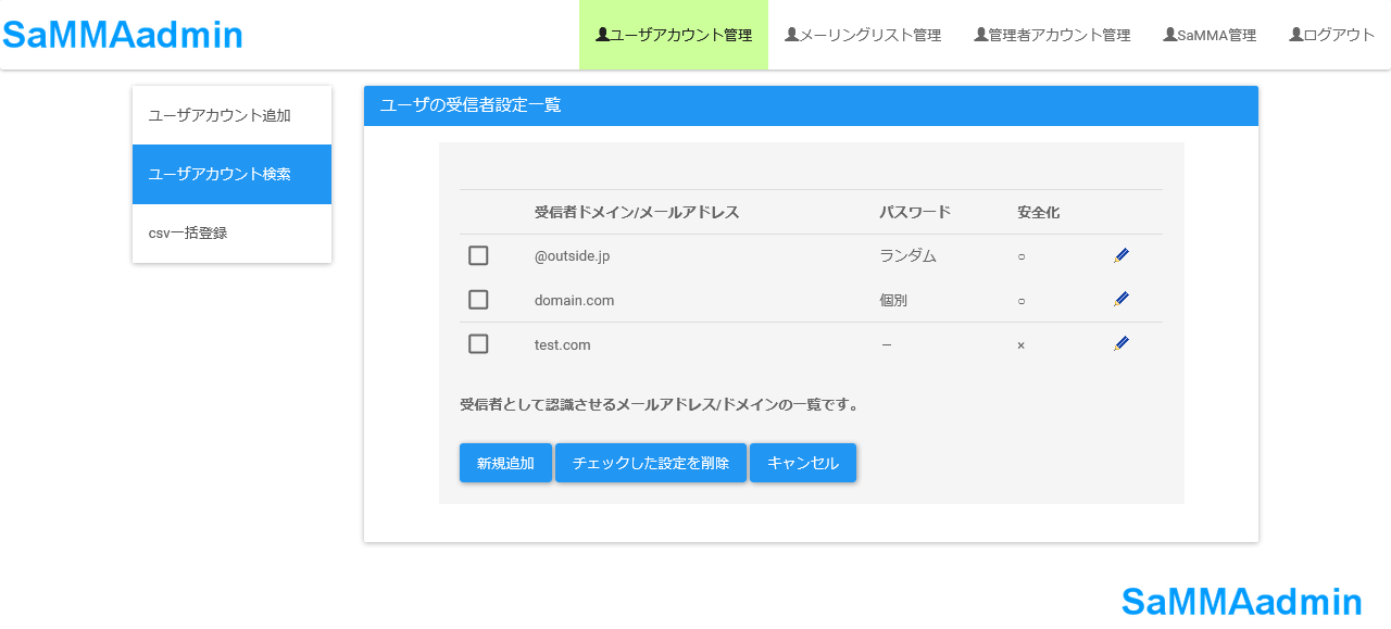 管理者用ユーザの受信者設定一覧画面