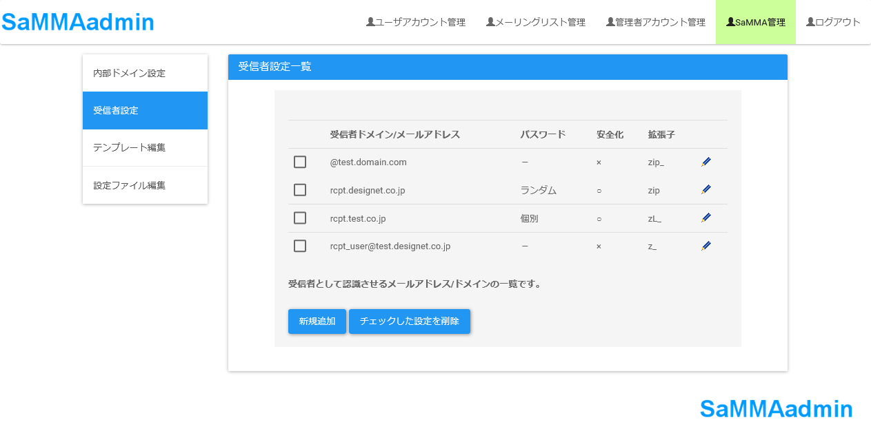 管理者用受信者設定一覧画面