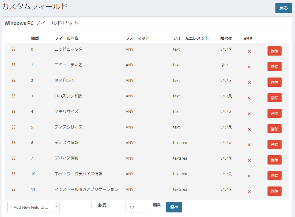 フィールドセットの一覧