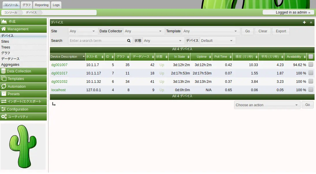 Cactiの機能:監視しているデバイスの状態一覧