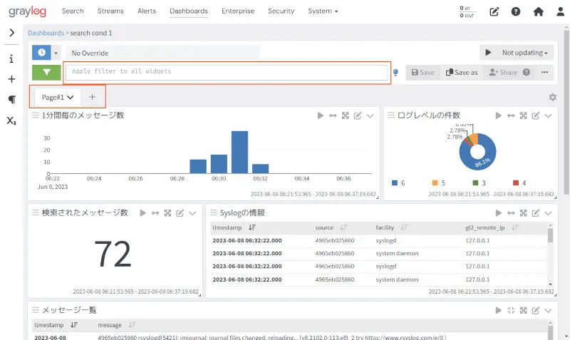 GraylogのGUI：ダッシュボード機能