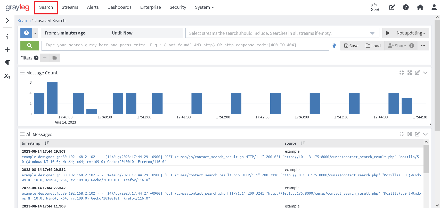 Graylogの検索画面