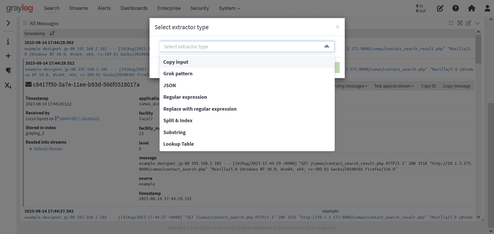 Graylogのextractorへの遷移