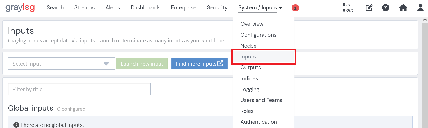 GraylogのInputへの遷移