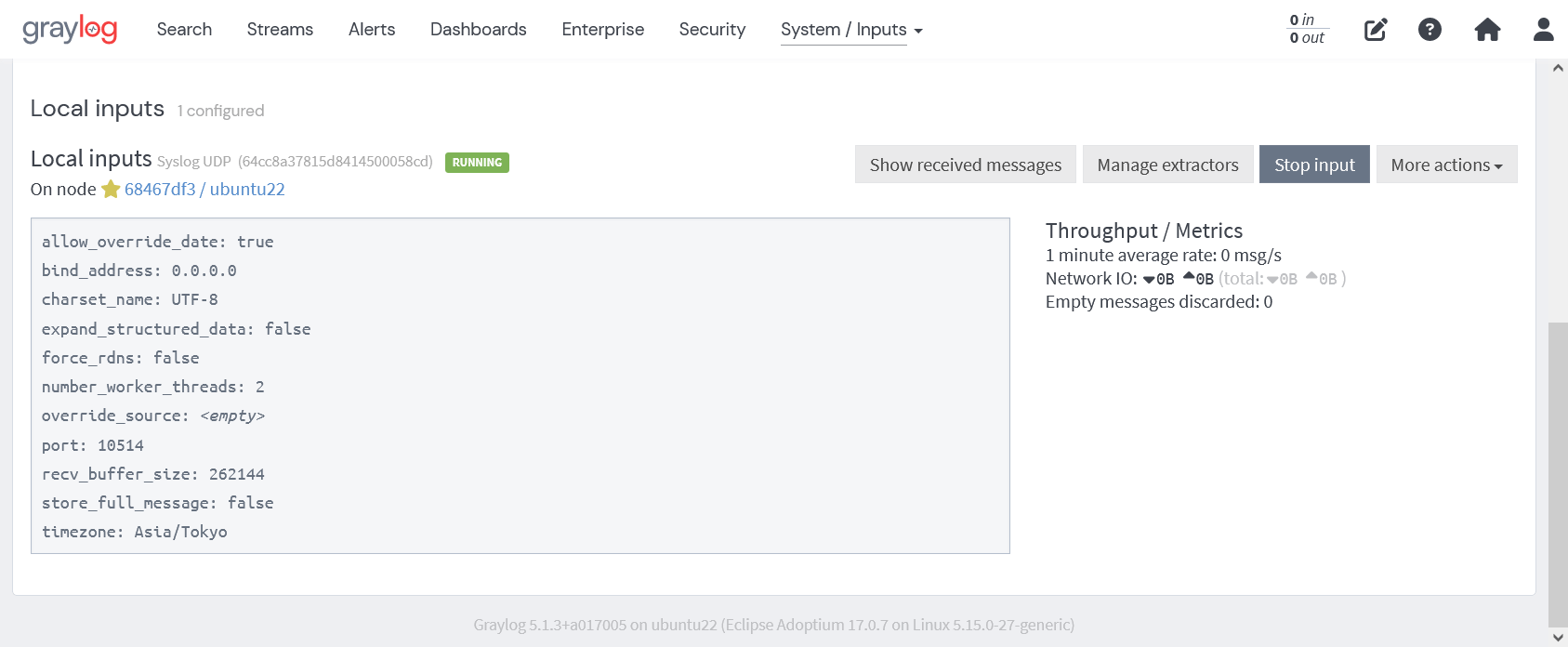 GraylogのInputs設定SyslogUDPの設定