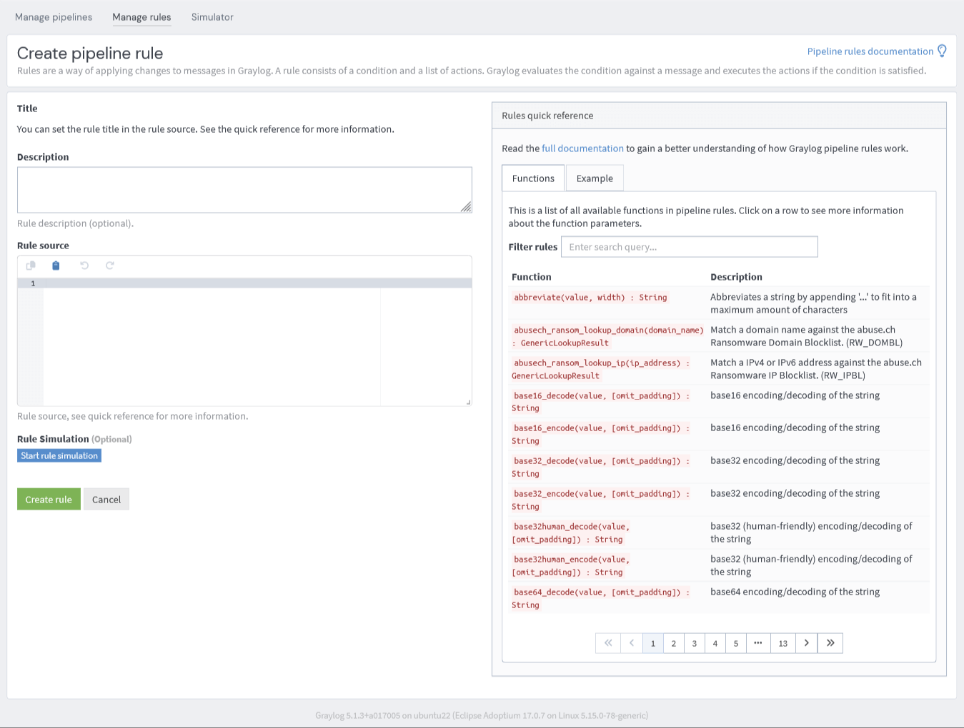 Graylogのpipelineのルール作成画面