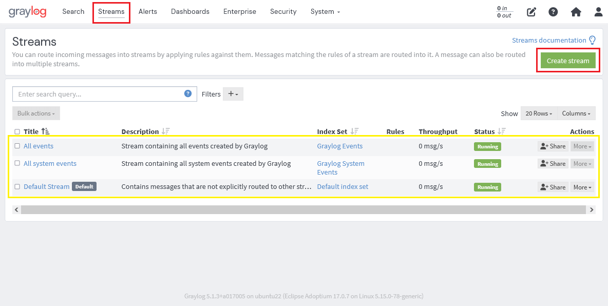 Graylogのstream管理画面