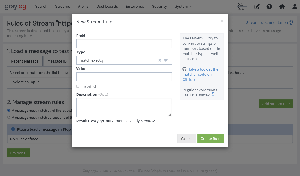 Graylogのstreamのルール追加画面