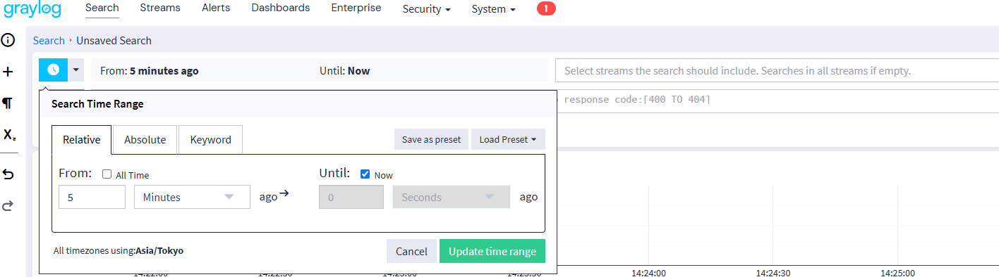 Graylogのログ時間帯検索方法