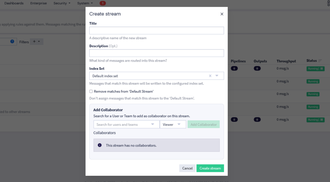 Graylogのstream管理画面