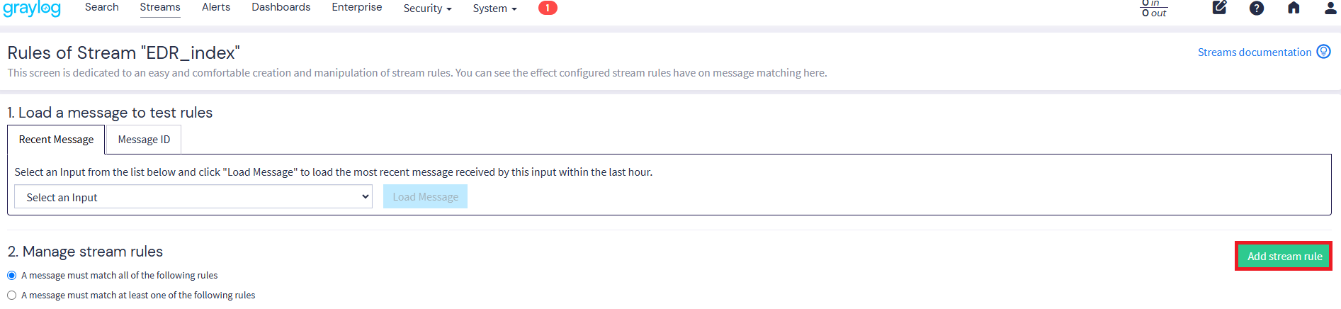 Graylogのstreamのルール管理画面
