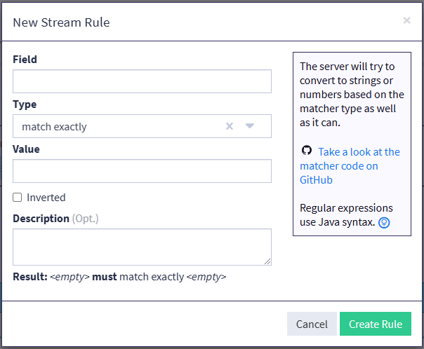 Graylogのstreamのルール追加画面