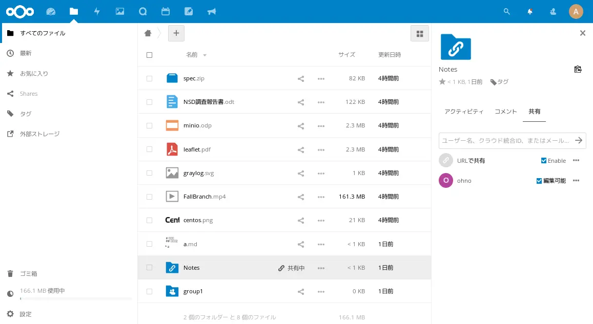 Nextcloudのファイル共有機能画面