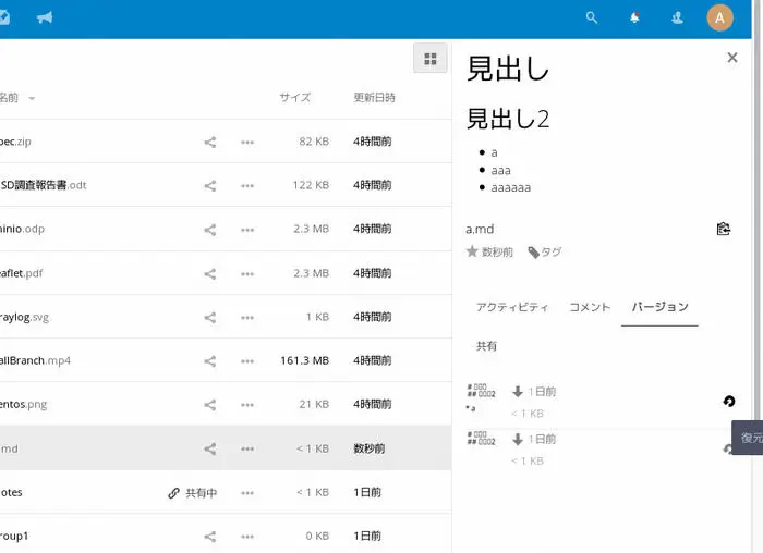 Nextcloudのバージョン管理画面