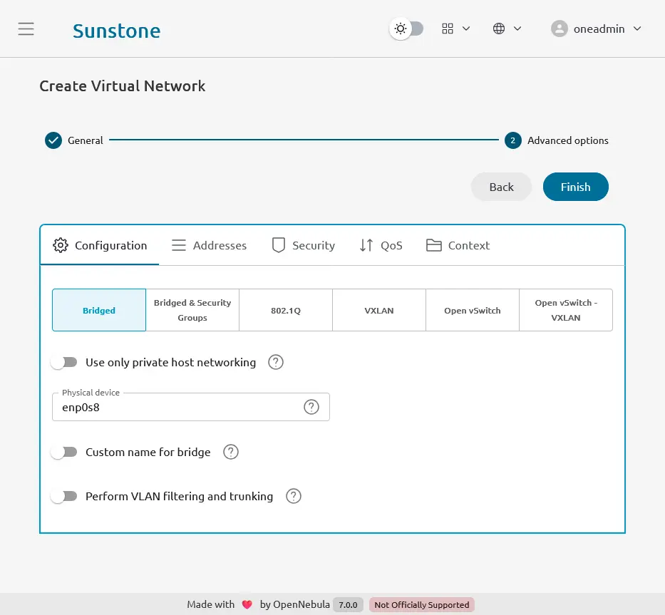 仮想ネットワーク設定画面