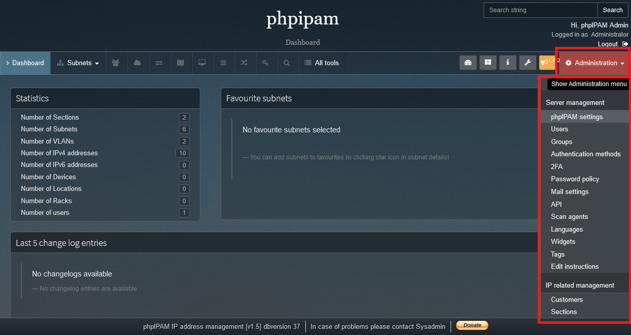 phpIPAMの初期ダッシュボード画面