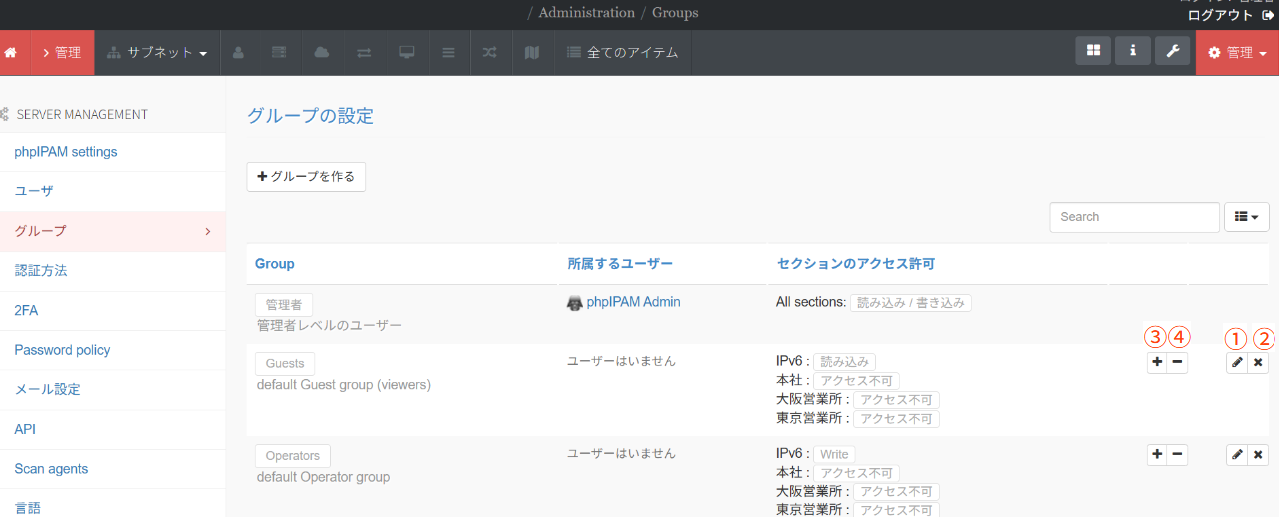 phpIPAMのグループ編集画面