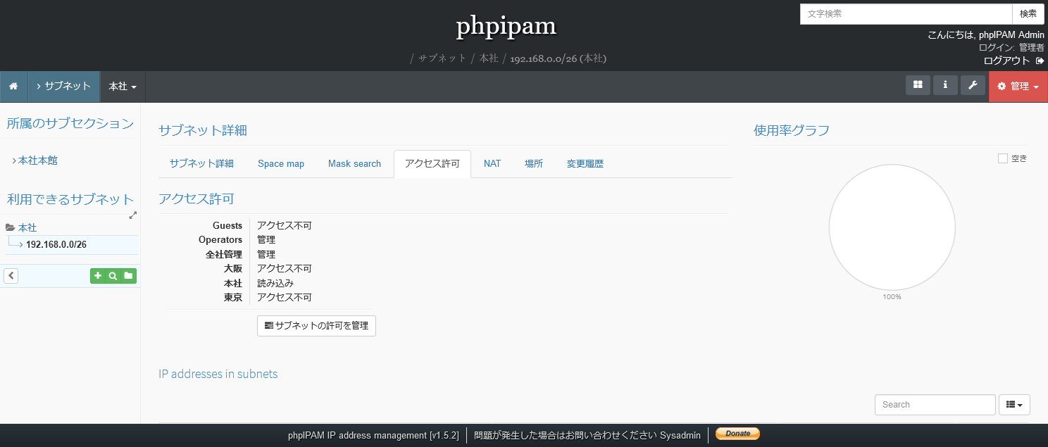phpIPAMのサブネットアクセス許可確認画面
