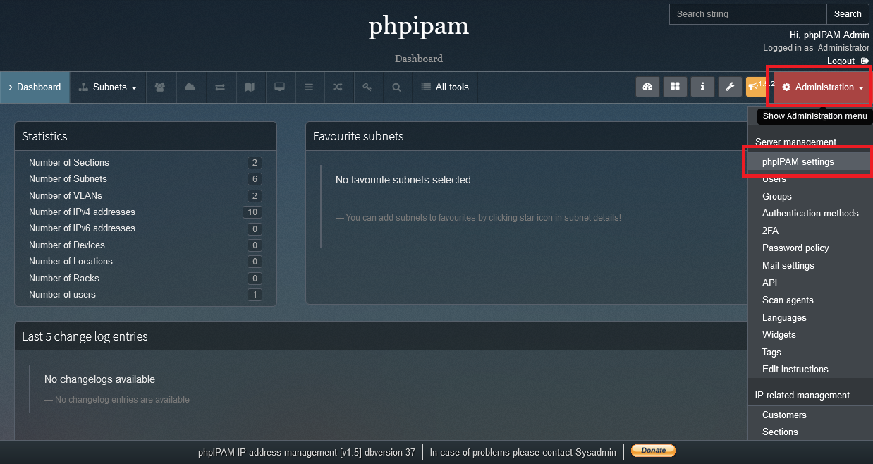 phpIPAMのシステム設定メニュー