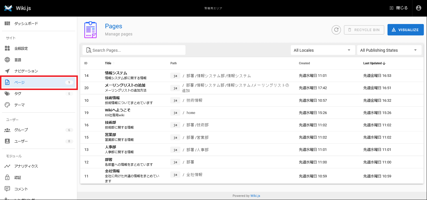 Wiki.js記事の管理画面